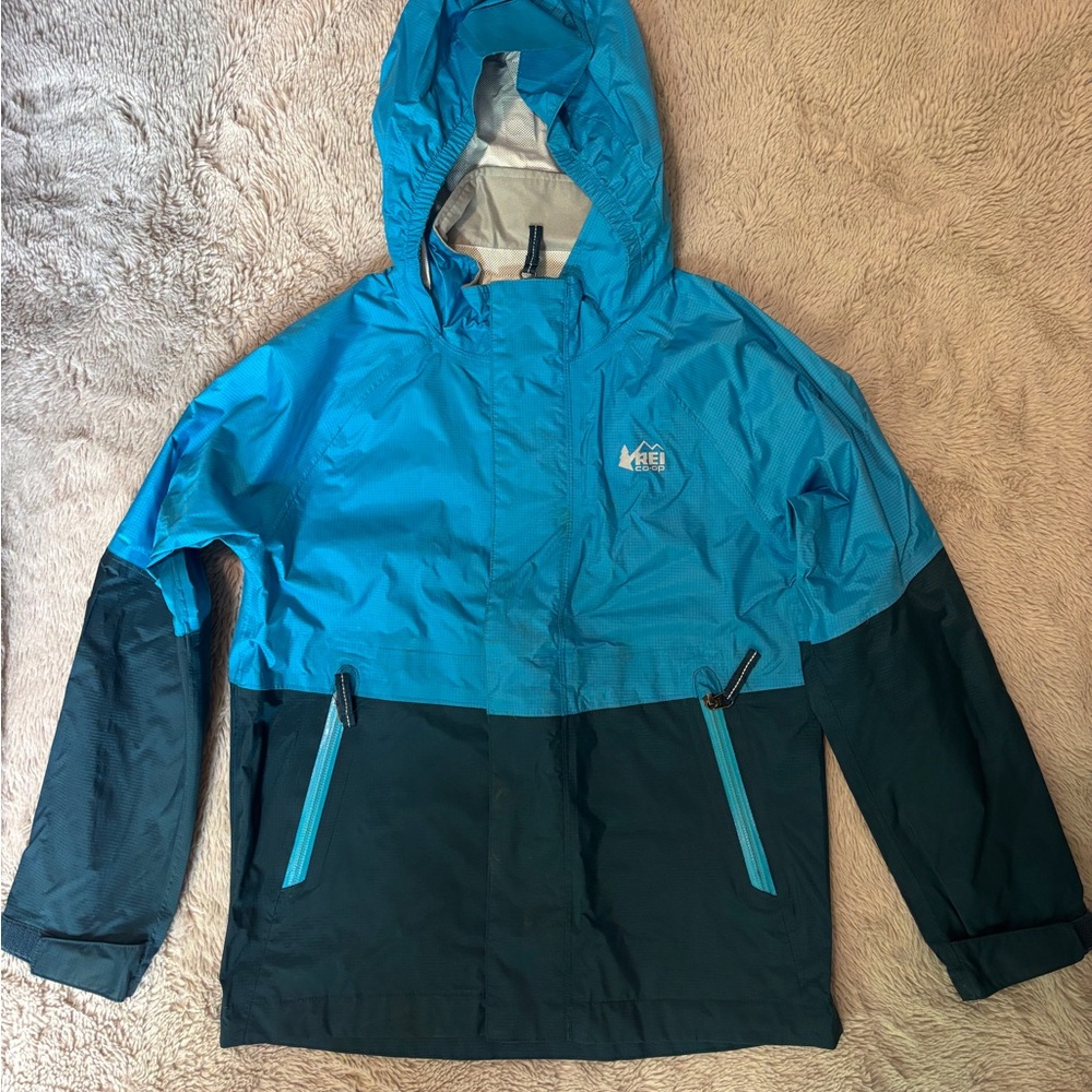 REI Light Blue and Dark Blue Raincoat Weather-Resistant Outdoor Essential